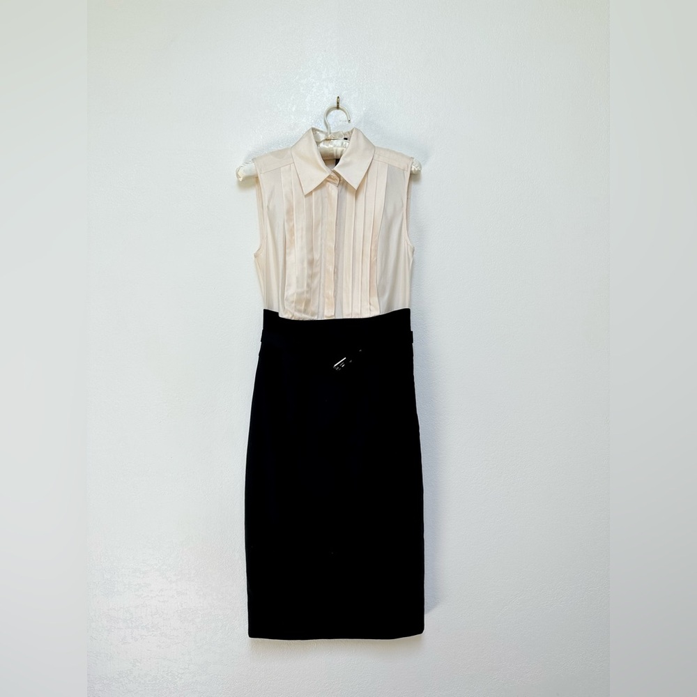 NWT Silk and Wool Club Monaco Cream and Black Belted Hazel Midi Dress